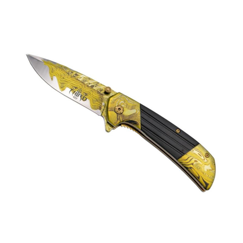 COUTEAU THIRD ACIER 3D DECORE DAMAS JAUNE/NOIR