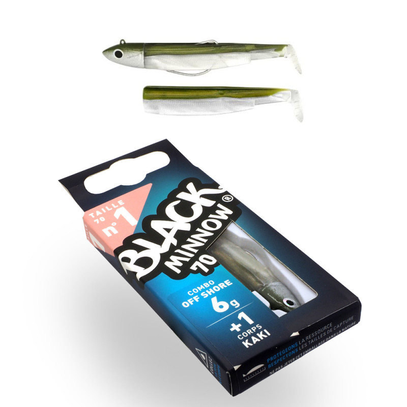 LEURRE SOUPLE COMBO BLACK MINNOW 70 + TETE PLOMBEE OFF SHORE