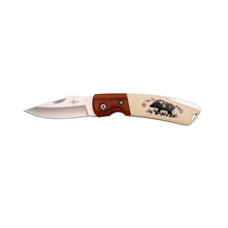 COUTEAU THIRD BOIS ROUGE/ABS BEIGE MOTIF SANGLIER 11.5CM INOX