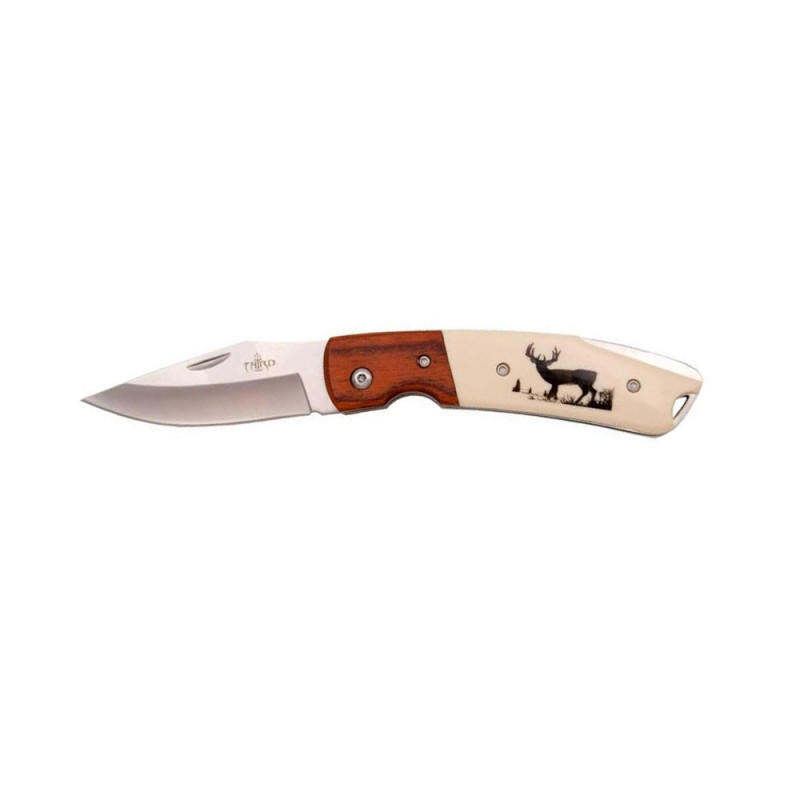 COUTEAU THIRD BOIS ROUGE/ABS BEIGE MOTIF CERF 11.5CM INOX