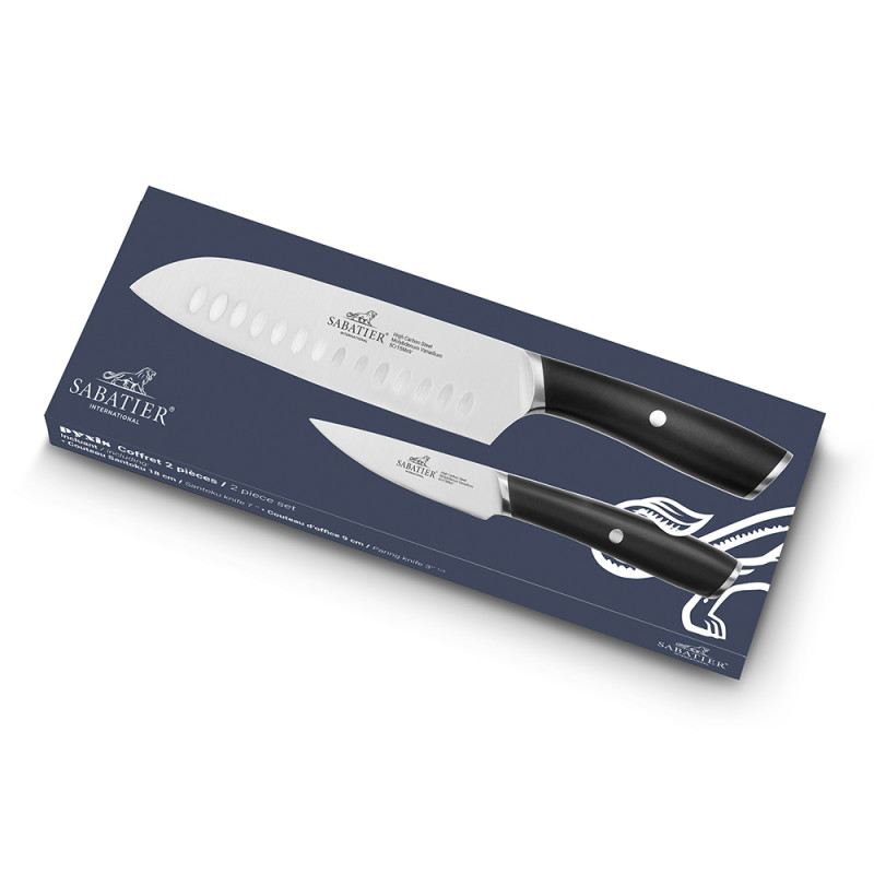 COFFRET 2 COUTEAUX SABATIER PYXIS OFFICE 9CM + SANTOKU 18CM